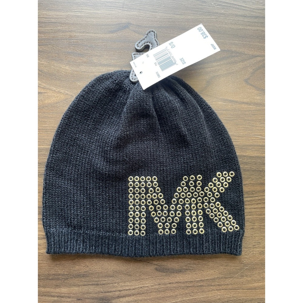 Michael Kors Women's One Size Black Beanie MK Studded Initials